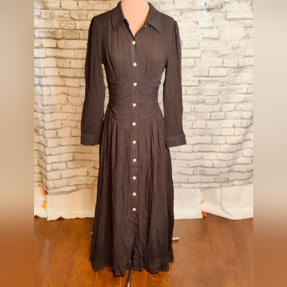 Modesees minimalist Ruched maxi shirt Dress full skirt Lagenlook chic XS black